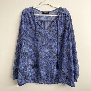 Lane Bryant Womens Plus Blue Black Dot Sheer Blouse Top Shirt Size 18/20 Tassels